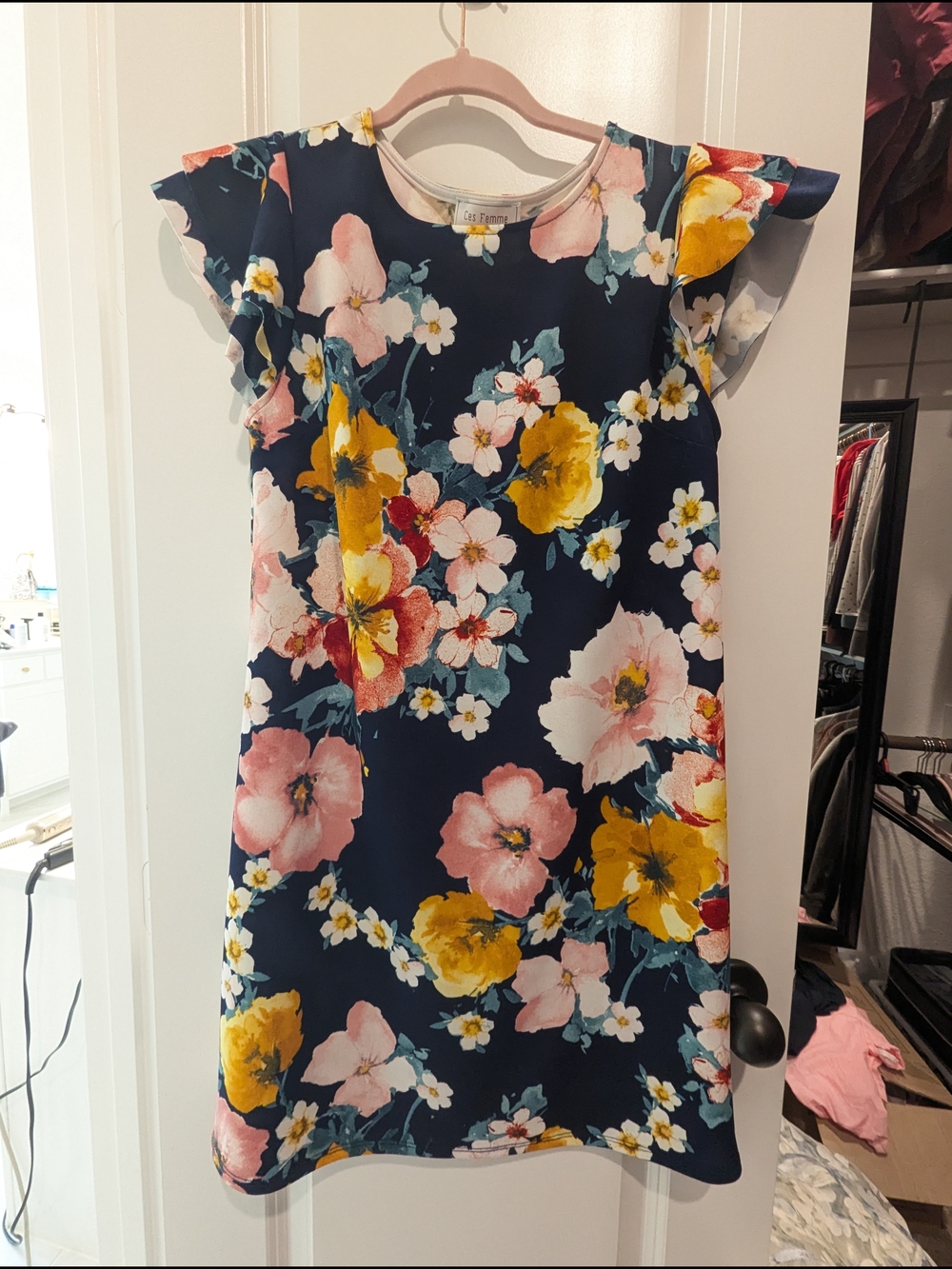 Ces Femme Navy Floral Mini Dress with Flutter Sleeves